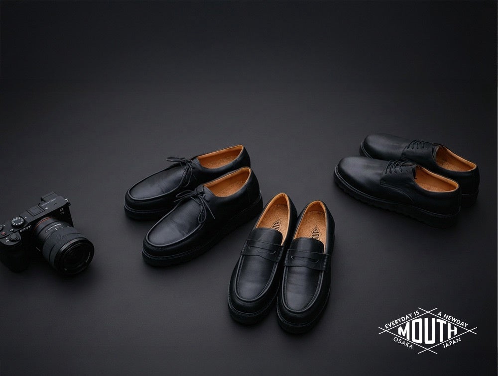 撮影現場向け「MOUTH」黒レザー靴3型、12月19日発売 滑りにくいリップルソール採用