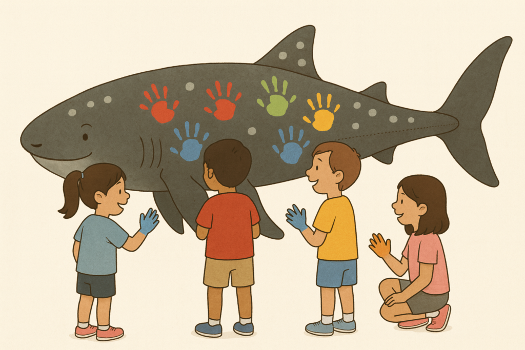 姫路・八木小で全長2mの「鉄のジンベイザメ」制作、児童92人が手形で彩り校内常設へ