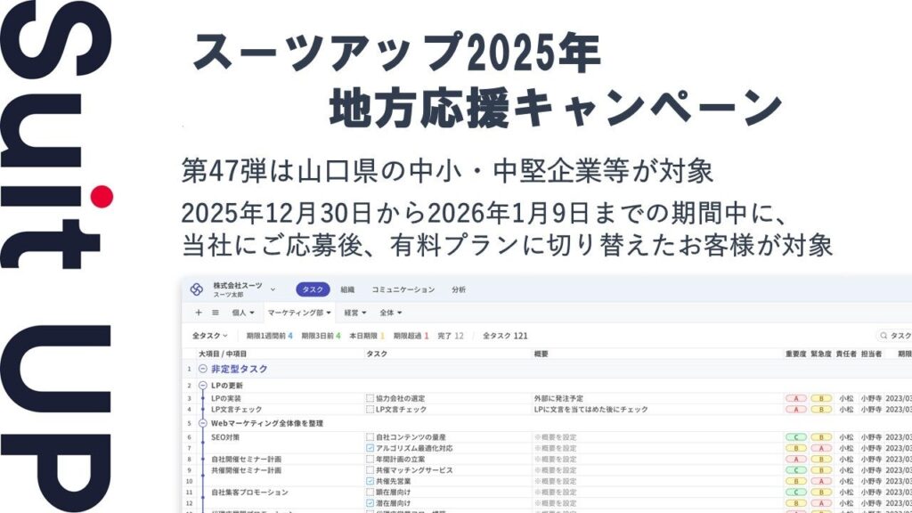 スーツ、山口県の社員100人未満企業に「スーツアップ」20%割引 2026年3月まで