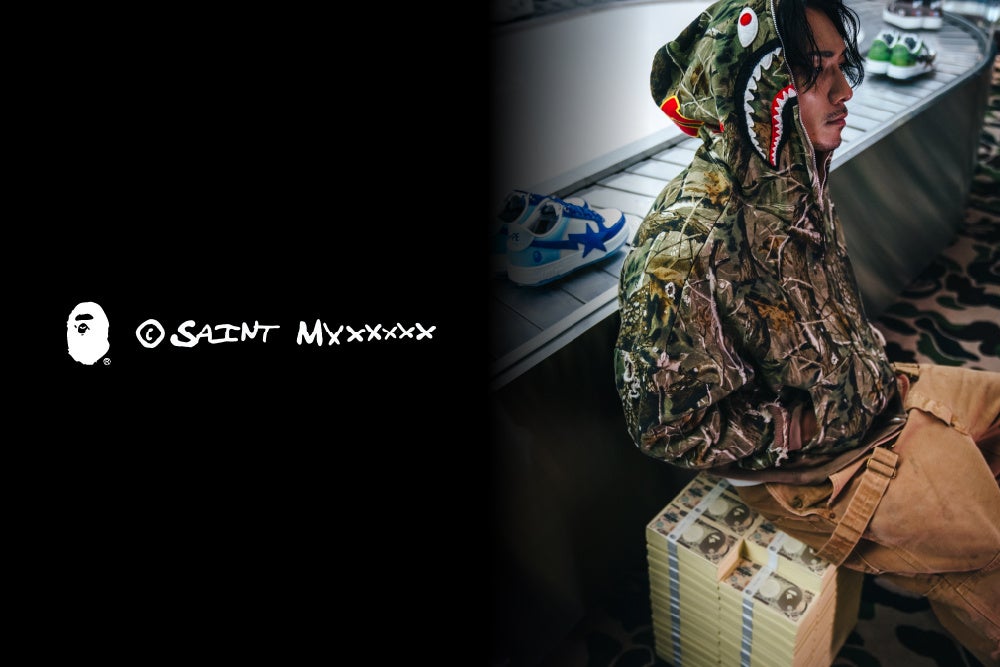 BAPEと©SAINT Mxxxxxx第5弾「DROP 2」、シャークフーディー再構築と札束風スツールを12月20日発売