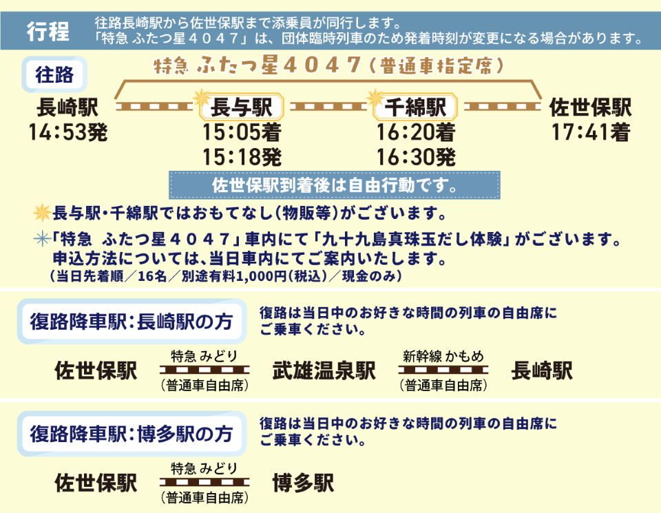 特急「ふたつ星4047」佐世保特別運行ツアー、2月10日出発 日帰り8,800円など