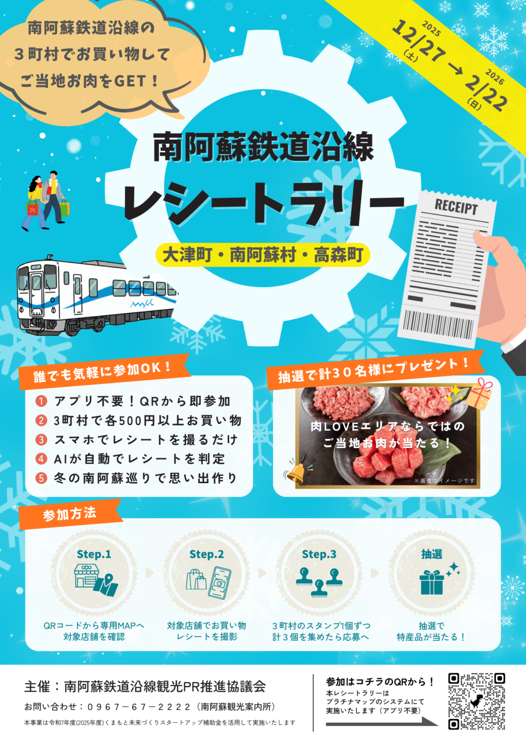 南阿蘇鉄道沿線でレシートラリー、500円以上の買い物でAI判定スタンプ 3町村巡り抽選30人に肉特産品