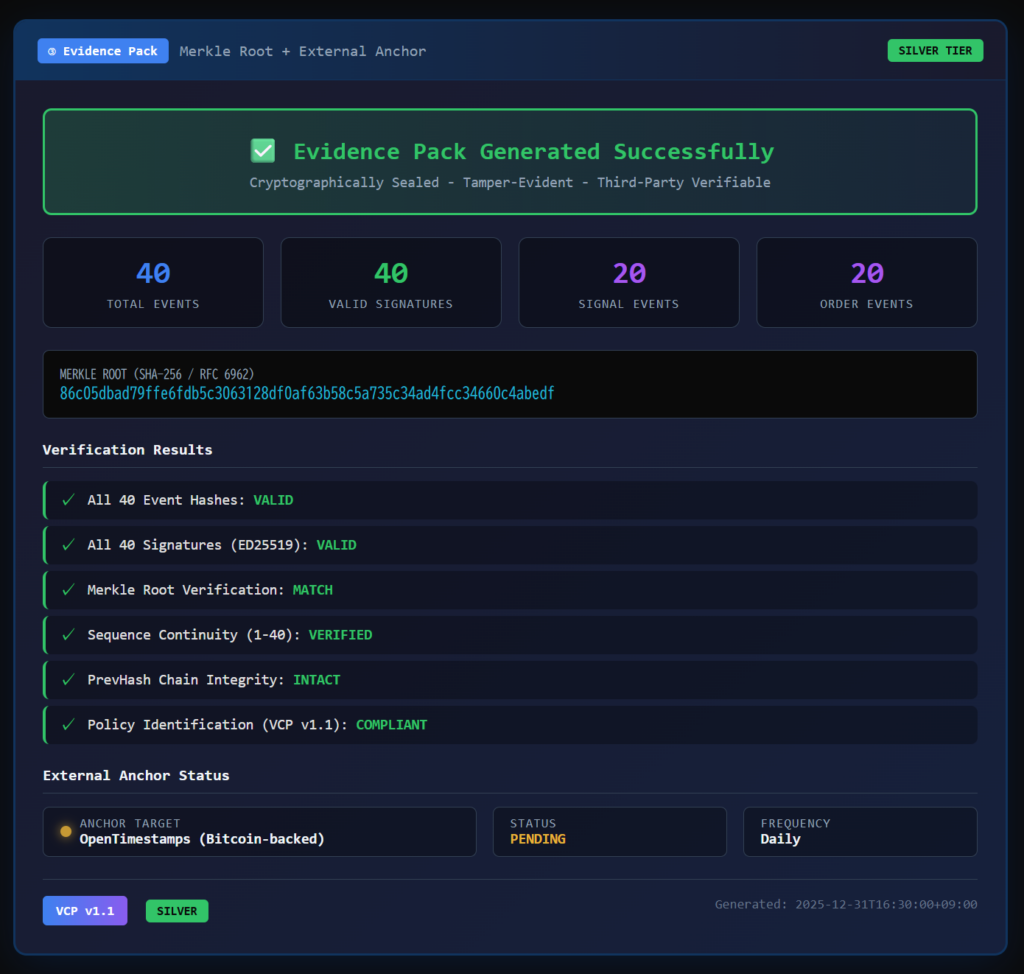 VSO、監査証跡プロトコルVCP v1.1公開 MT5本番でAI判断まで暗号検証可能に