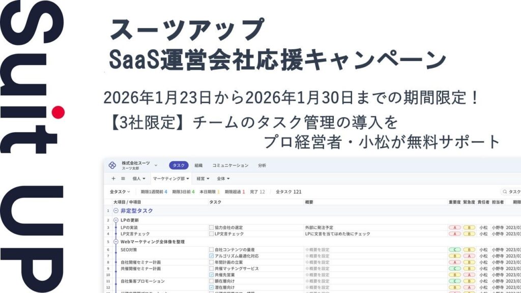 スーツ、AIタスク管理「スーツアップ」でSaaS運営会社向け3社限定の3カ月無料キャンペーン