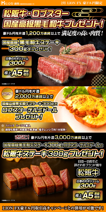 ヒロセ通商、LION FXで豪ドル円取引者向けに松阪牛などプレゼント 2月2日から