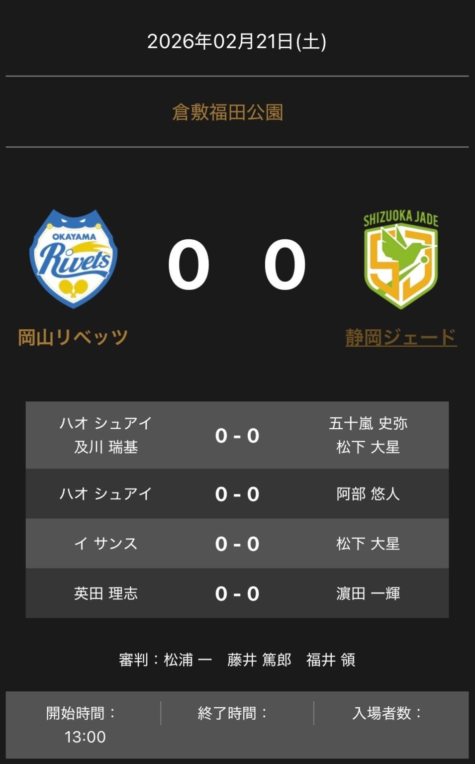 Tリーグ、2月21日開催「岡山リベッツvs静岡ジェード」対戦オーダーを公表