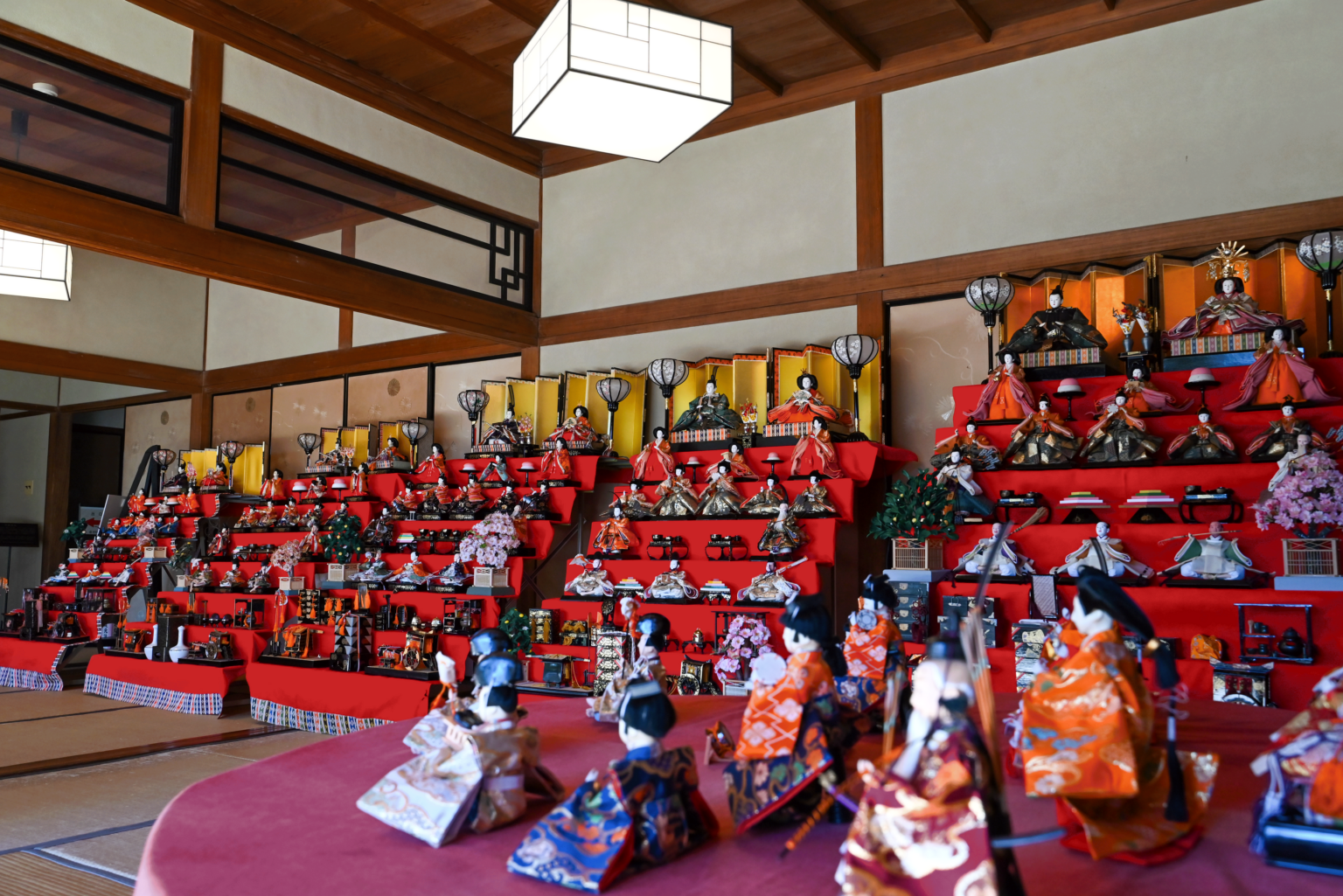 都城島津邸でひな祭り展示 約15点・180体超、高校生ガイドと生け花も