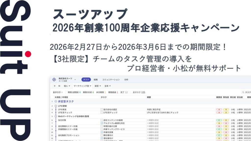 創業100周年企業向け、AIタスク管理「スーツアップ」が月額3ヶ月無料キャンペーンを実施