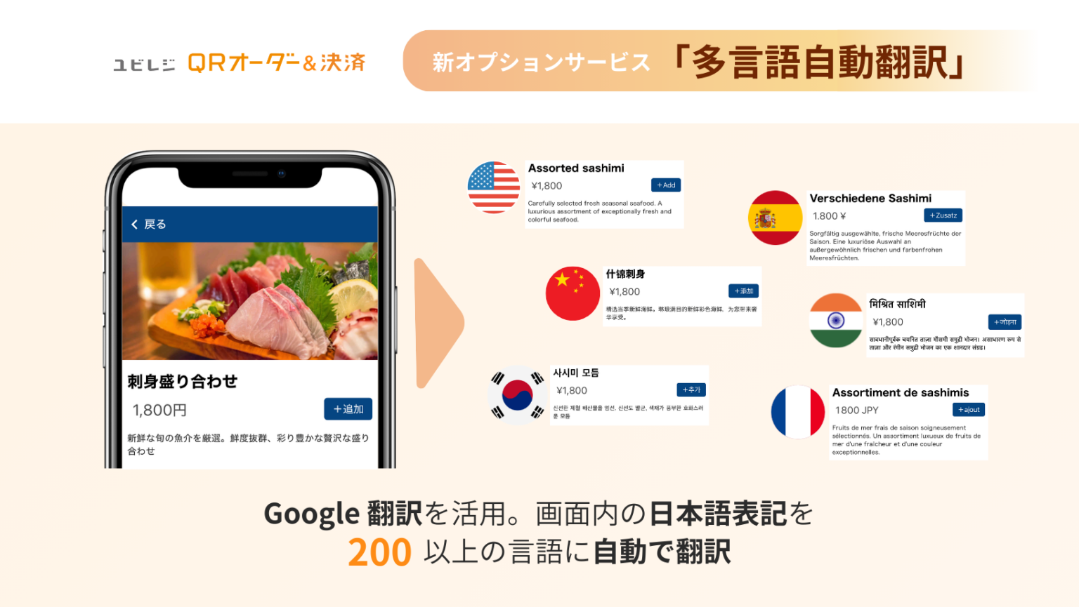 ユビレジのQRオーダーが200超言語に自動対応、Google翻訳APIで多言語表示