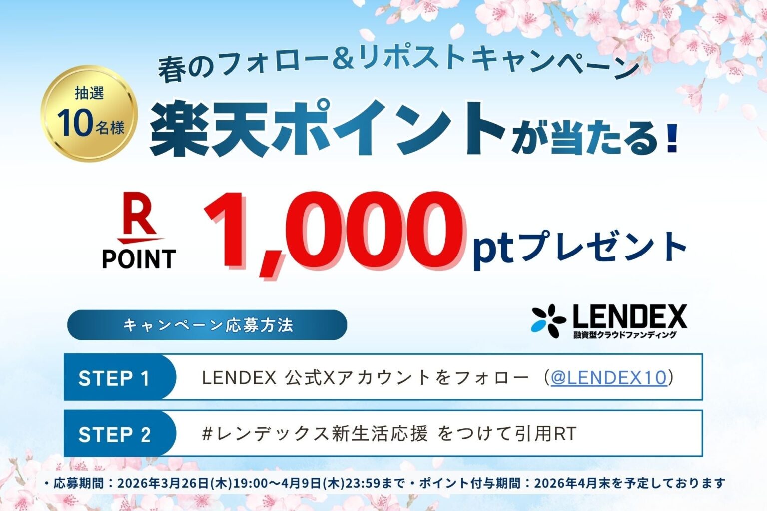 LENDEX、公式Xでフォロー&リポストキャンペーン 抽選10人に楽天ポイント1,000pt