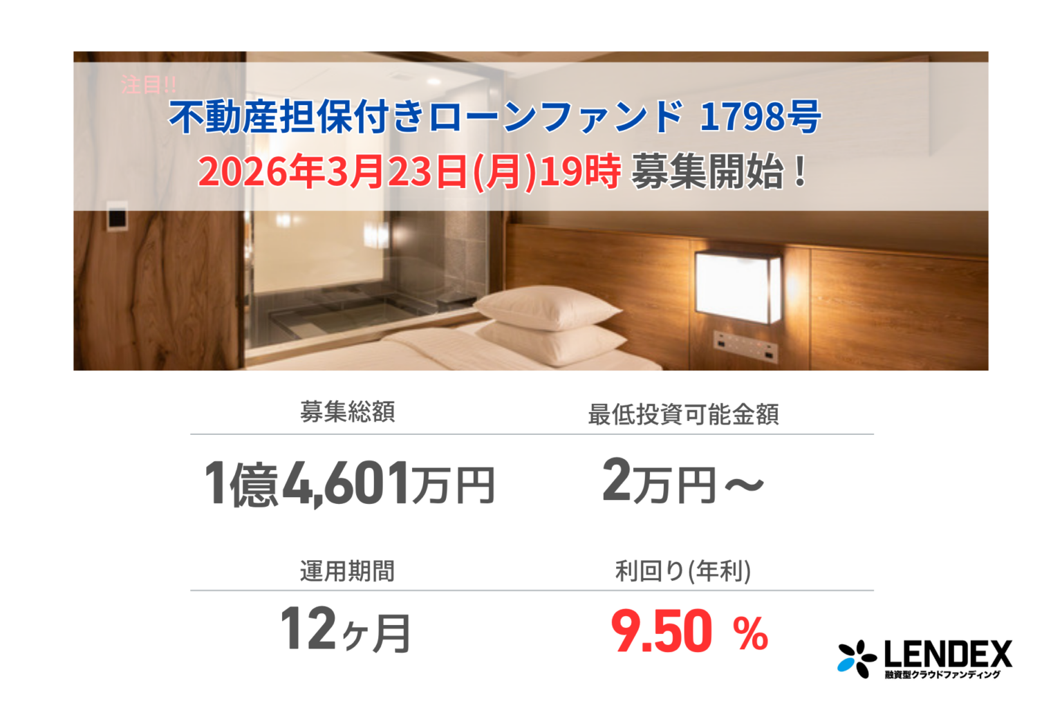 LENDEX、年利9.5%の不動産担保付きローンファンド1798号を募集開始へ