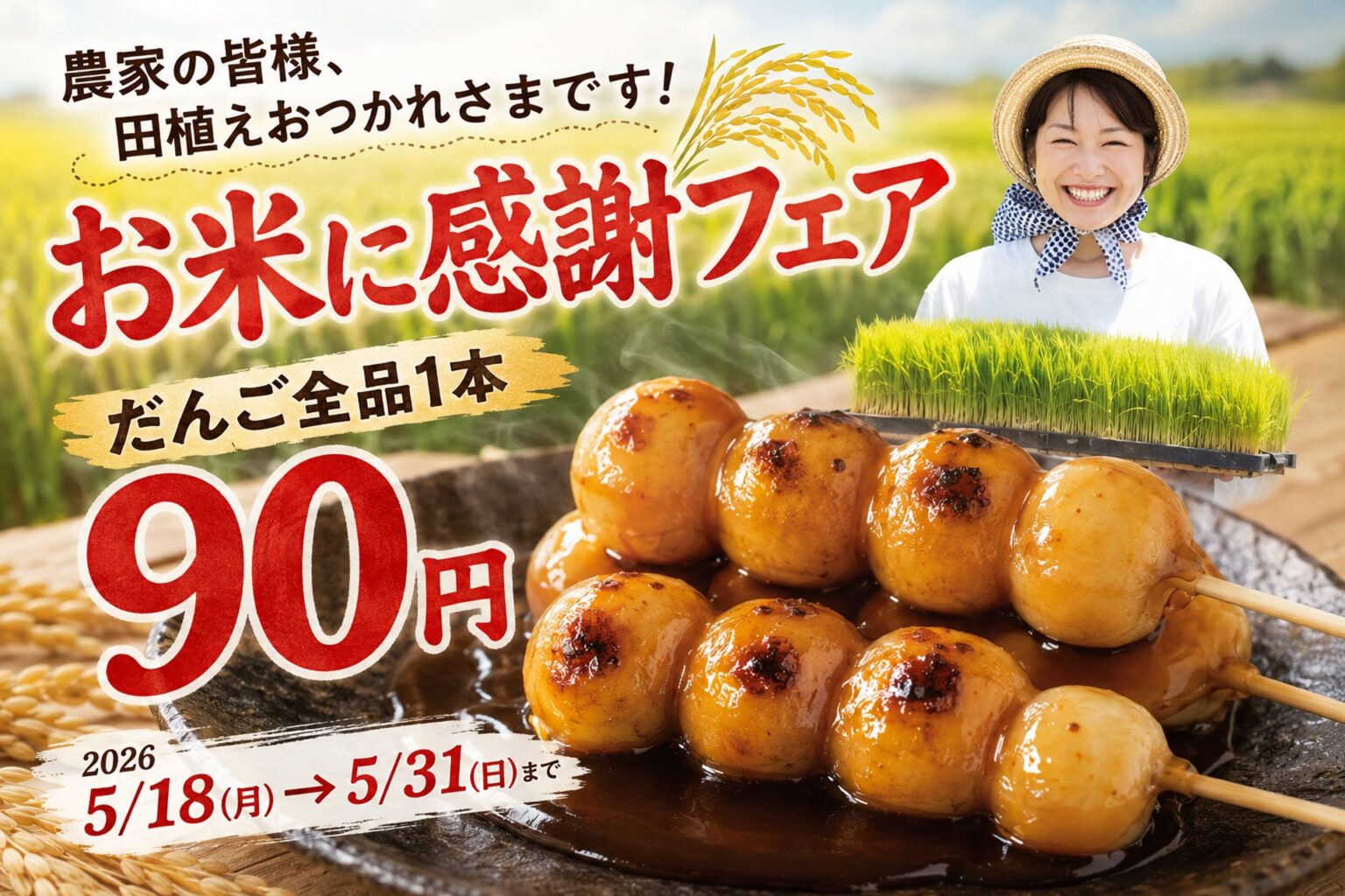 お菓子のたいよう東金店、焼きたてだんごを90円に 5月18日から「お米に感謝フェア」