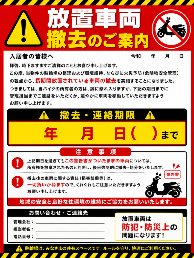 放置バイク撤去の注意喚起ポスターを無料公開、宅建士監修で1クリック入手