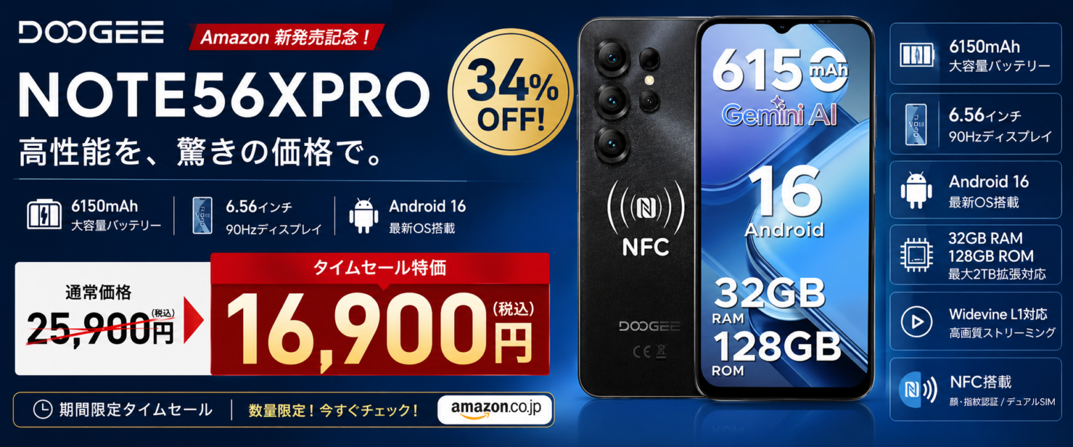 DOOGEE NOTE56XPROがAmazonで34%オフ、25,900円→16,900円の再入荷タイムセール