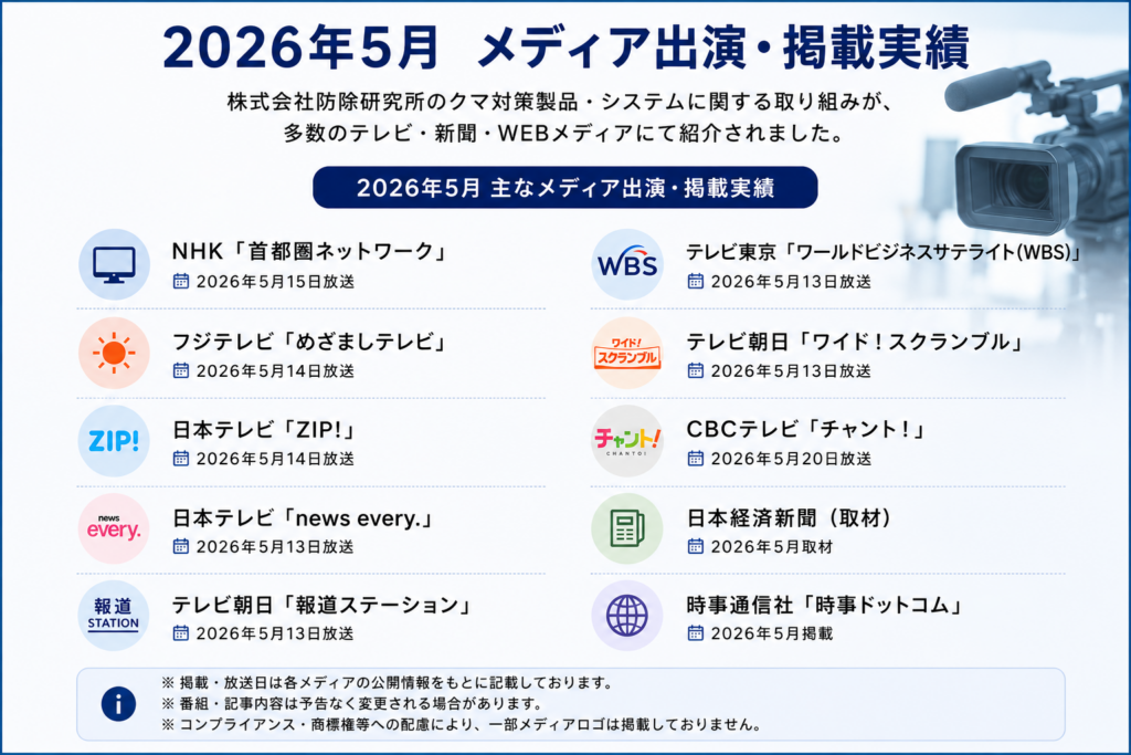 クマ対策AI「BE ALERT」など、防除研究所の製品が2026年5月に相次ぎ報道