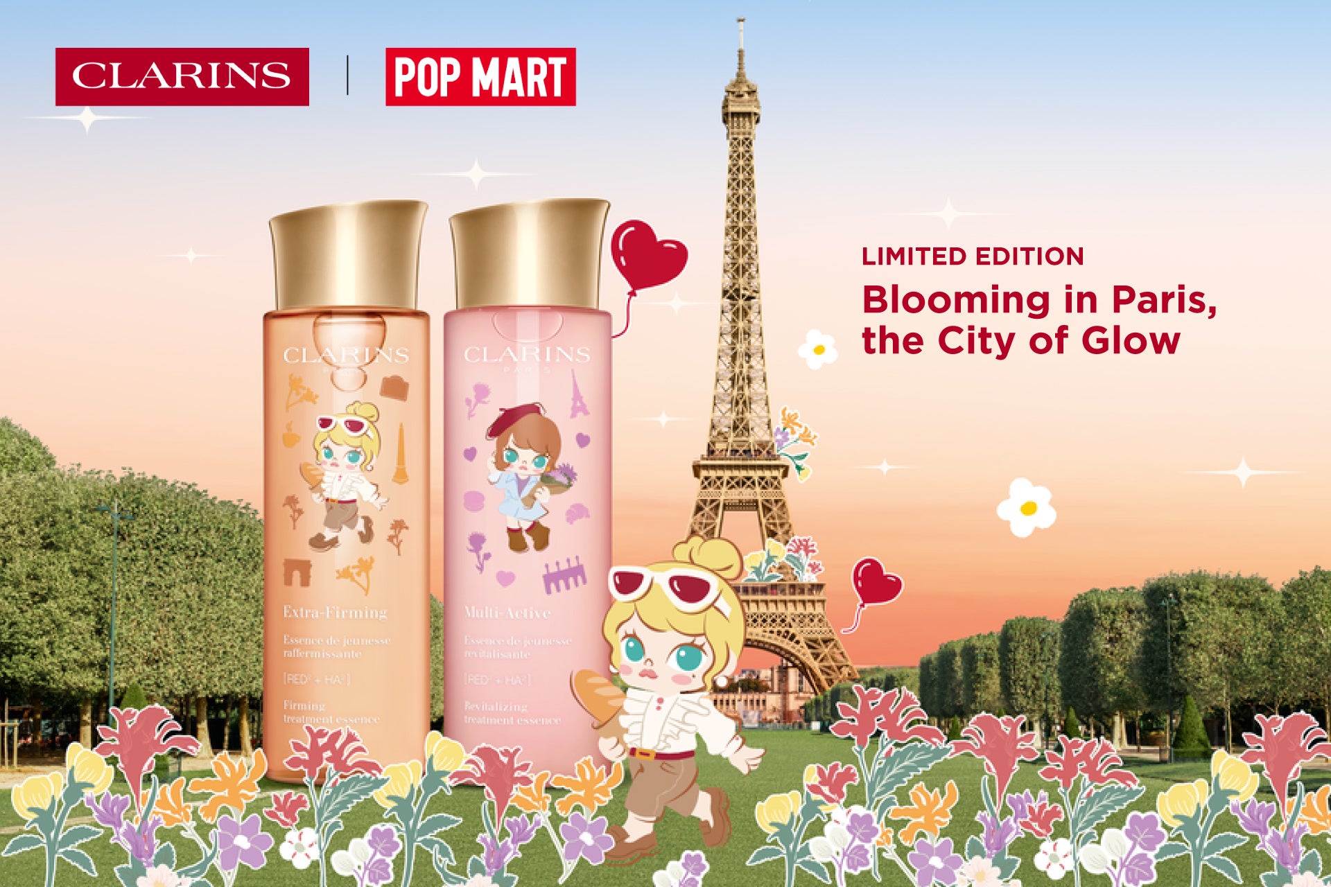 クラランス、POP MART「MOLLY」20周年コラボを阪急うめだで先行販売　限定ローション2種とセット展開