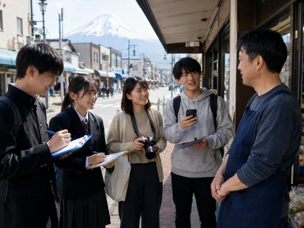 富士本町商店街で高校生と短大生が混成チームの実践型まち歩き「富士ワンダー・クエスト」初開催