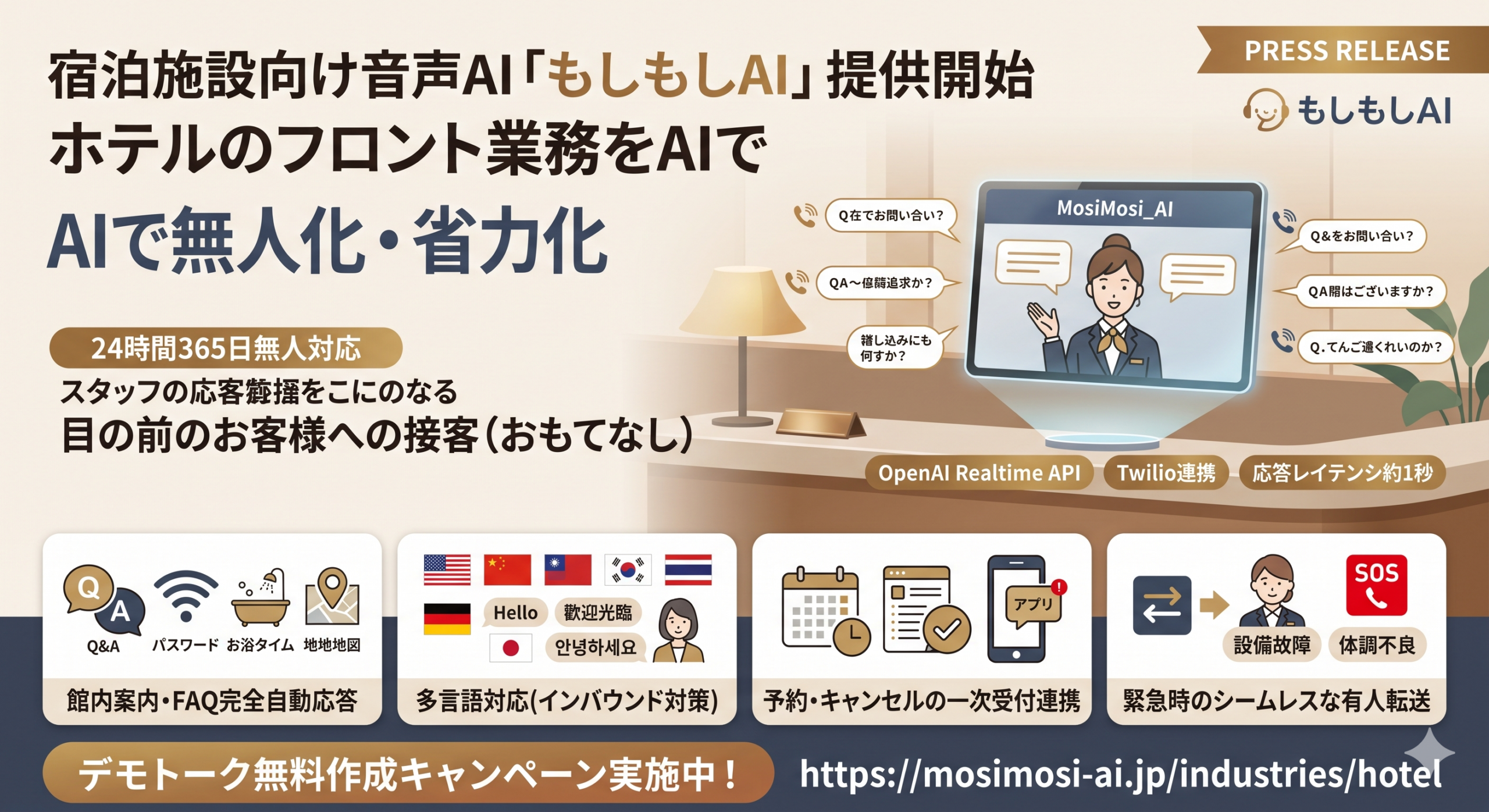 宿泊施設の電話対応を24時間365日自動化、エクサテックが音声AI「もしもしAI」開始