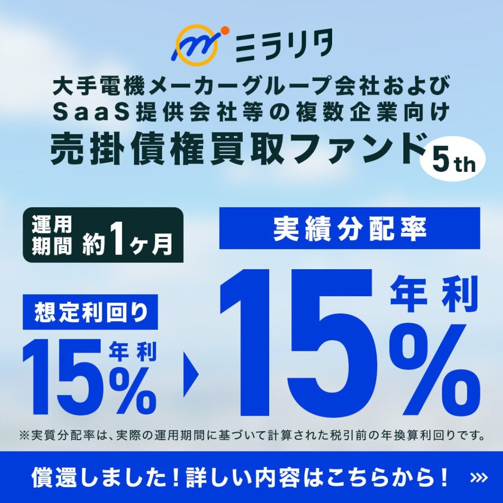 ミラリタ第12号ファンドが運用終了、年利15%(税引前)で償還・分配完了