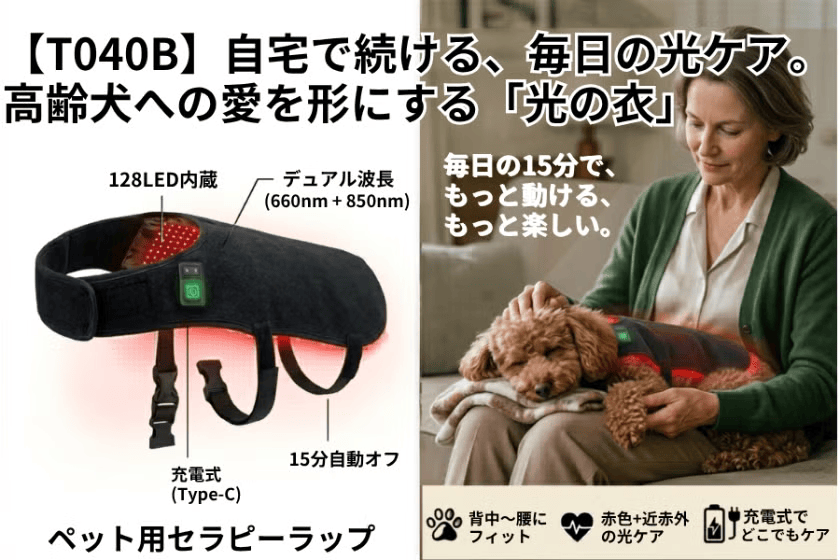 赤色LED×近赤外で犬猫を自宅ケア LeaguEがウェアラブル「T040B」をCAMPFIRE先行販売
