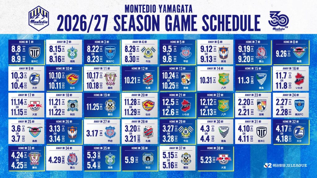 モンテディオ山形、2026/27シーズン全対戦カード決定 史上初のホーム開幕は栃木シティ戦