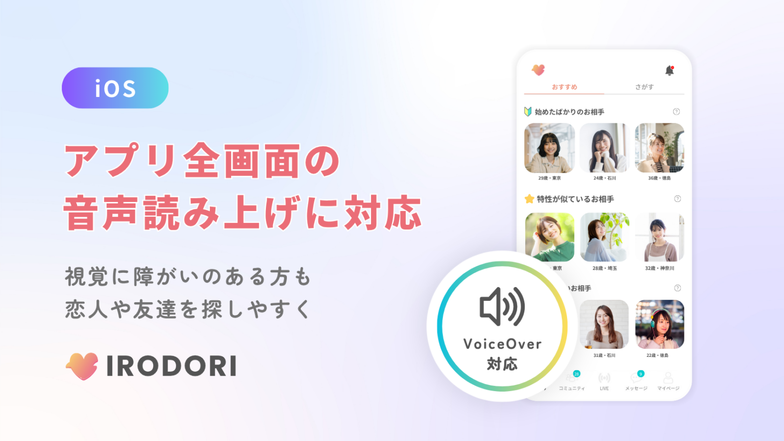 障がい者向けマッチングアプリ「IRODORI」、iPhoneのVoiceOverに全画面対応