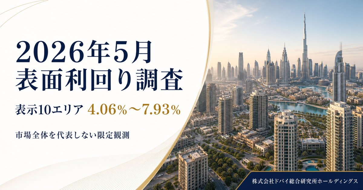ドバイ不動産、DXBinteract表示10エリアの平均表面利回りは4.06%〜7.93% 数値比較には賃料・価格・費用の同時確認が必要 ドバイ不動産、DXBinteract表示10エリアの平均表面利回りは4.06%〜7.93% 数値比較には賃料・価格・費用の同時確認が必要