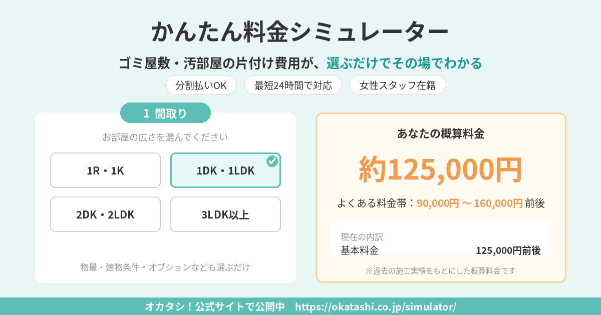 オカタシ!が30秒で概算、ゴミ屋敷清掃の料金シミュレーター公開 オカタシ!が30秒で概算、ゴミ屋敷清掃の料金シミュレーター公開