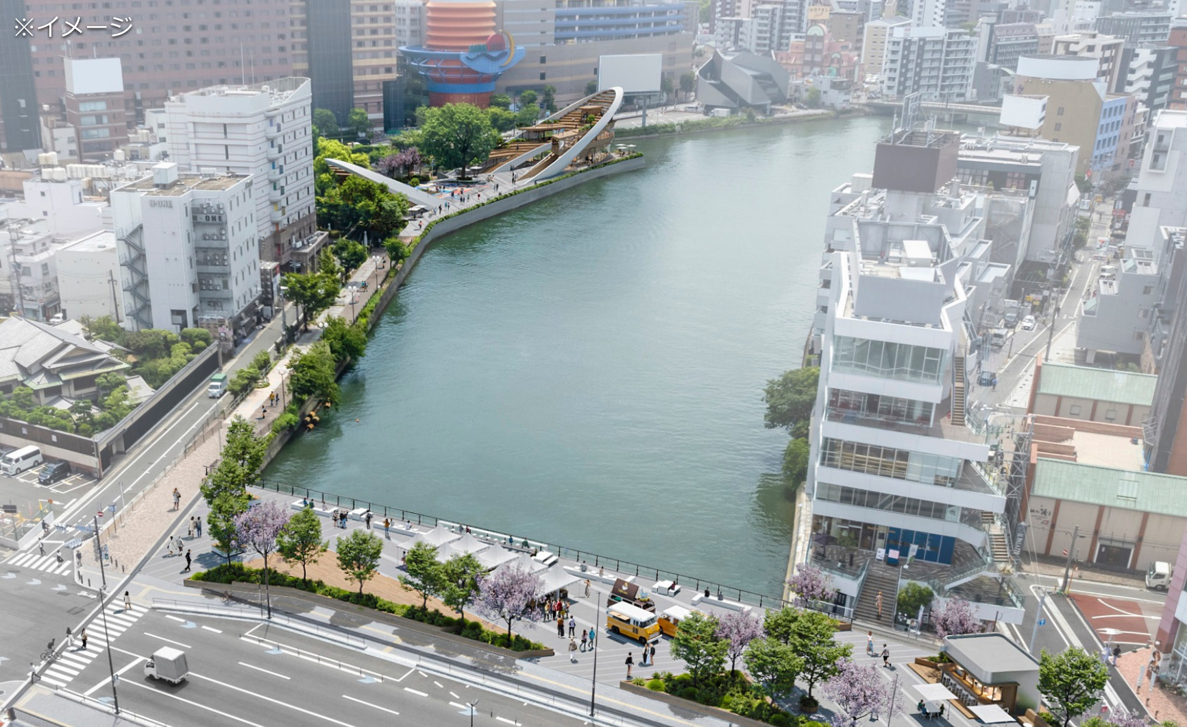 福岡・中洲の清流公園で北側プロムナードと橋上広場が9月11日供用開始、テイクアウト店3店も開業