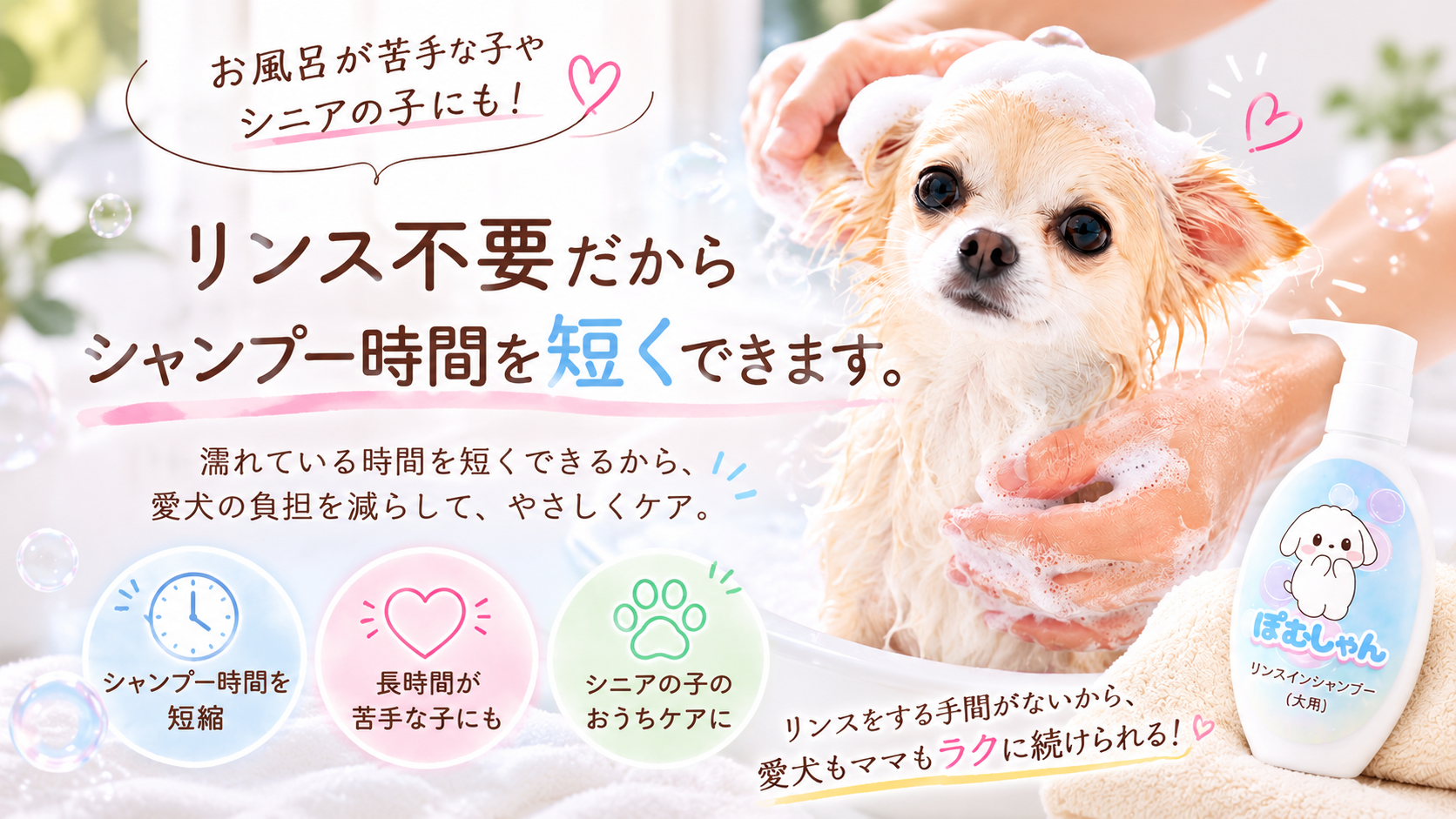 犬用リンスインシャンプー「ぽむしゃん」発売、300mlで3,600円 工程短縮を狙う 犬用リンスインシャンプー「ぽむしゃん」発売、300mlで3,600円 工程短縮を狙う