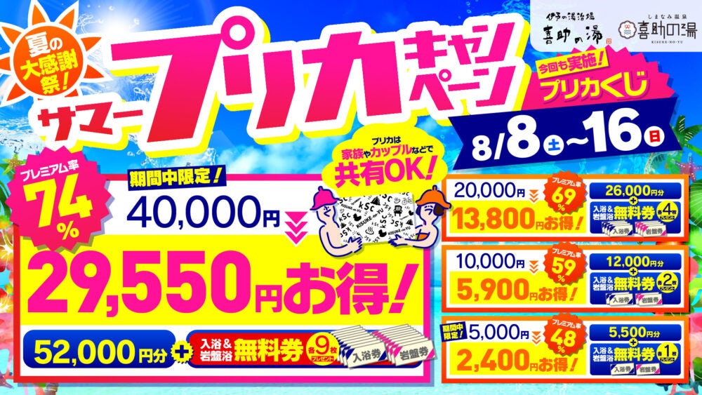 喜助の湯、8月8日からプリカ最大74%上乗せ 入浴・岩盤浴無料券付き 喜助の湯、8月8日からプリカ最大74%上乗せ 入浴・岩盤浴無料券付き