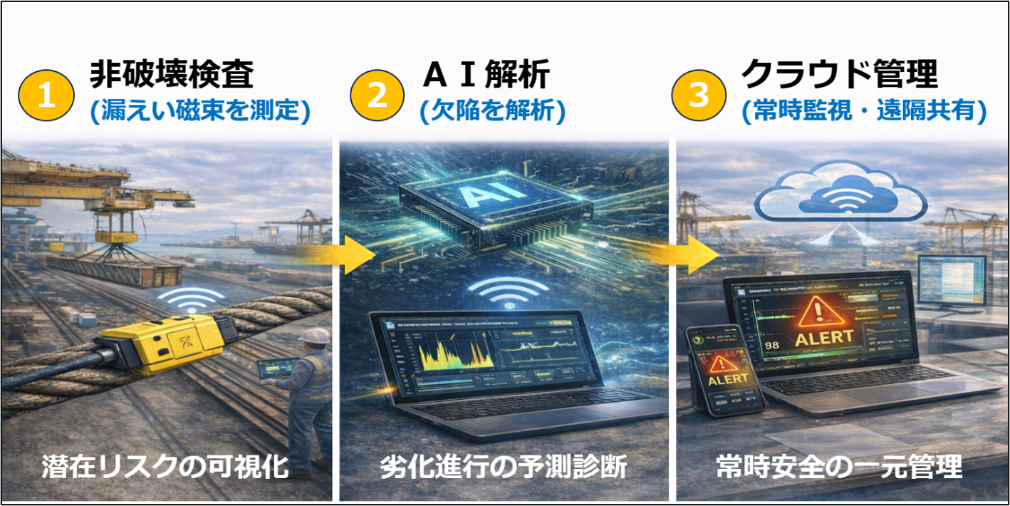 サブゲート、ワイヤロープ内部断線をAIで可視化する「AIOTION WSS」を東京ビッグサイトで実機デモ サブゲート、ワイヤロープ内部断線をAIで可視化する「AIOTION WSS」を東京ビッグサイトで実機デモ
