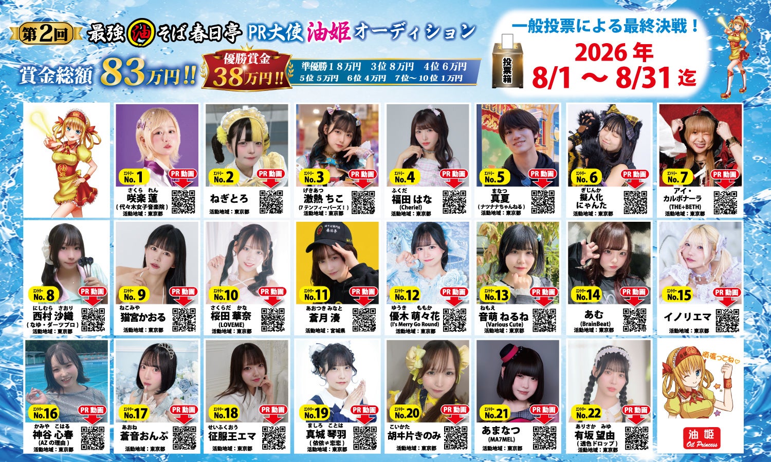 油そば春日亭、公式キャラ「油姫」モデル選ぶ第2回オーディション 23店舗とWebで投票、8月31日まで 油そば春日亭、公式キャラ「油姫」モデル選ぶ第2回オーディション 23店舗とWebで投票、8月31日まで