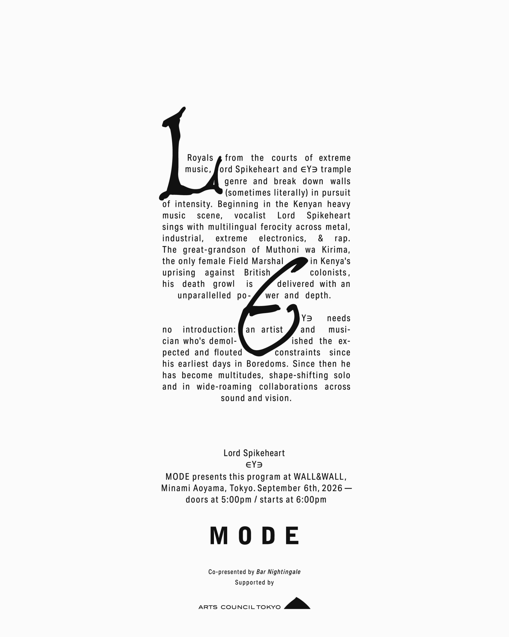 MODE、Lord Spikeheart×∈Y∋の実験パフォーマンスを9月6日に南青山で開催 MODE、Lord Spikeheart×∈Y∋の実験パフォーマンスを9月6日に南青山で開催