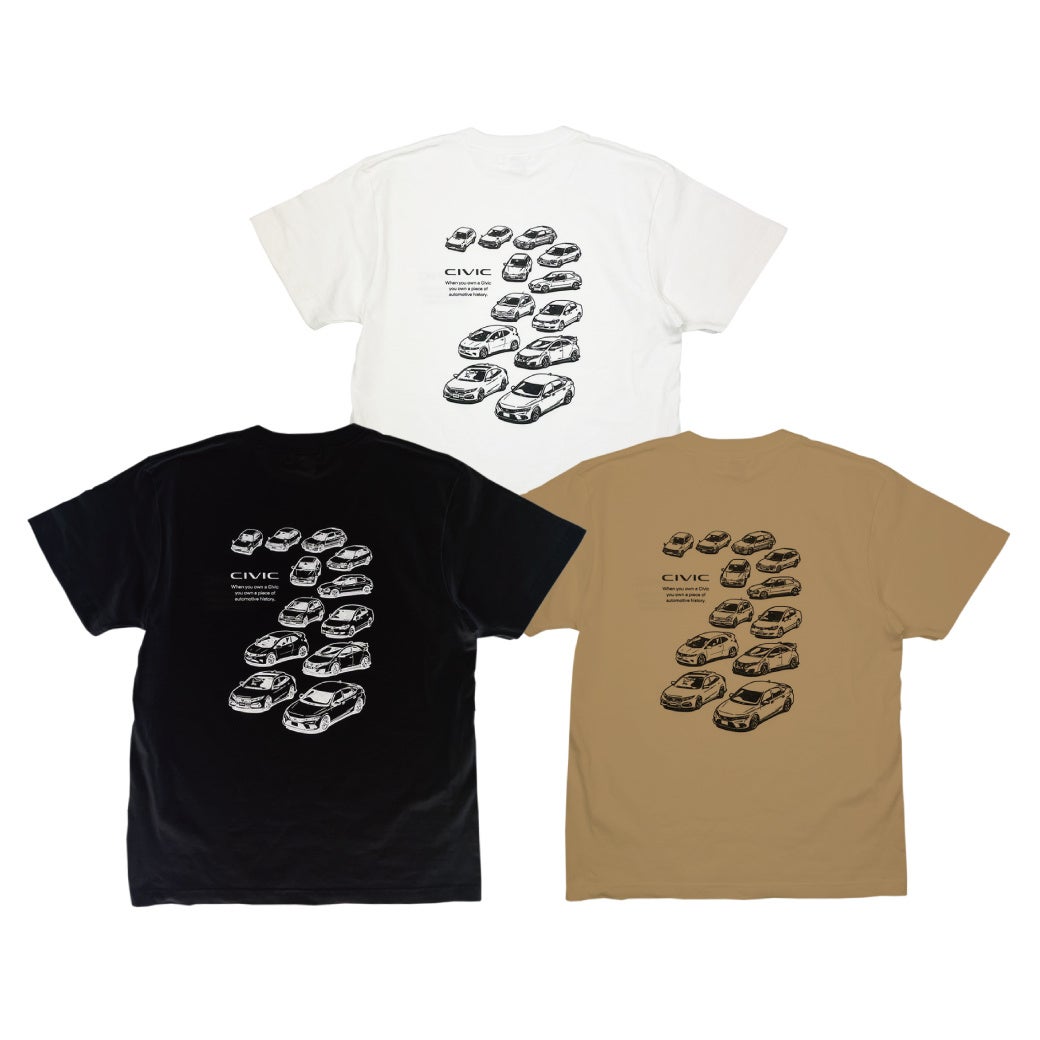 Honda「CIVICヒストリーTシャツ」にブラックとダークベージュ追加、AmazonとCAMSHOPで予約開始 Honda「CIVICヒストリーTシャツ」にブラックとダークベージュ追加、AmazonとCAMSHOPで予約開始