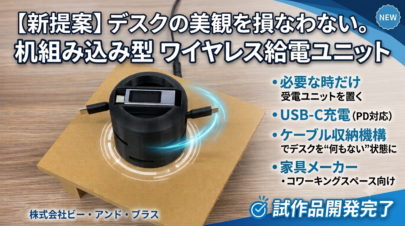 机裏に送電部、必要時だけ置いてUSB‑C充電 ビー・アンド・プラスが机組み込み型ワイヤレス給電を試作 机裏に送電部、必要時だけ置いてUSB‑C充電 ビー・アンド・プラスが机組み込み型ワイヤレス給電を試作