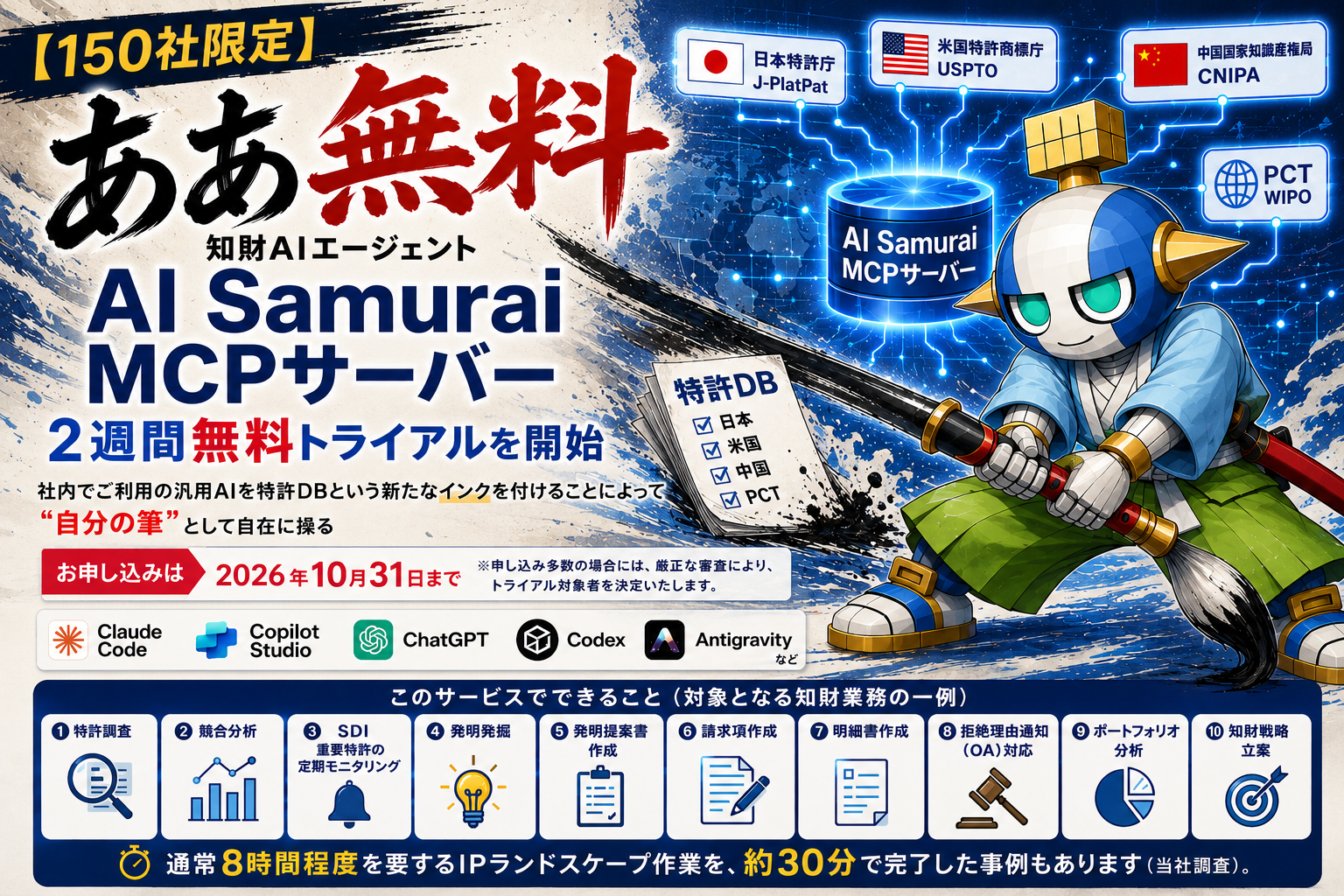 AI Samurai、特許DBと生成AIをMCPで直結する「MCPサーバー」2週間無料トライアルを150社限定で開始 AI Samurai、特許DBと生成AIをMCPで直結する「MCPサーバー」2週間無料トライアルを150社限定で開始