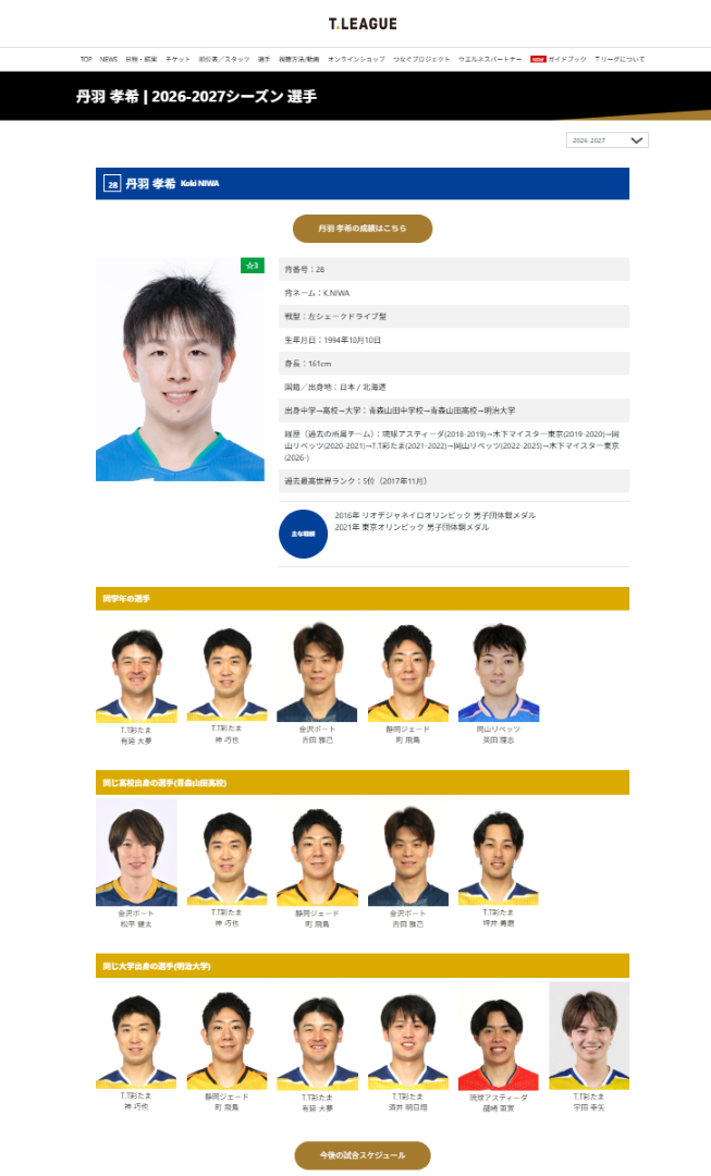 Ｔリーグ、選手紹介ページ刷新　同学年・同校出身選手を表示
