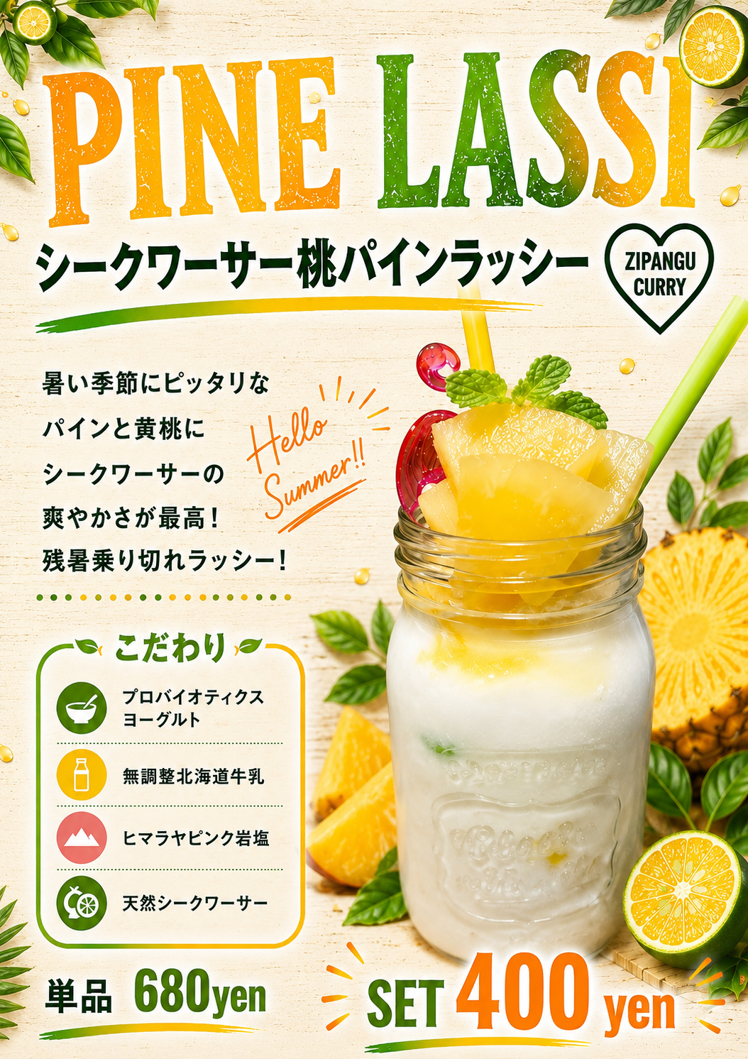 大阪・中崎町のジパングカリーカフェ、シークワーサー果汁×桃パインの新作ラッシーを8月17日から期間限定販売 大阪・中崎町のジパングカリーカフェ、シークワーサー果汁×桃パインの新作ラッシーを8月17日から期間限定販売