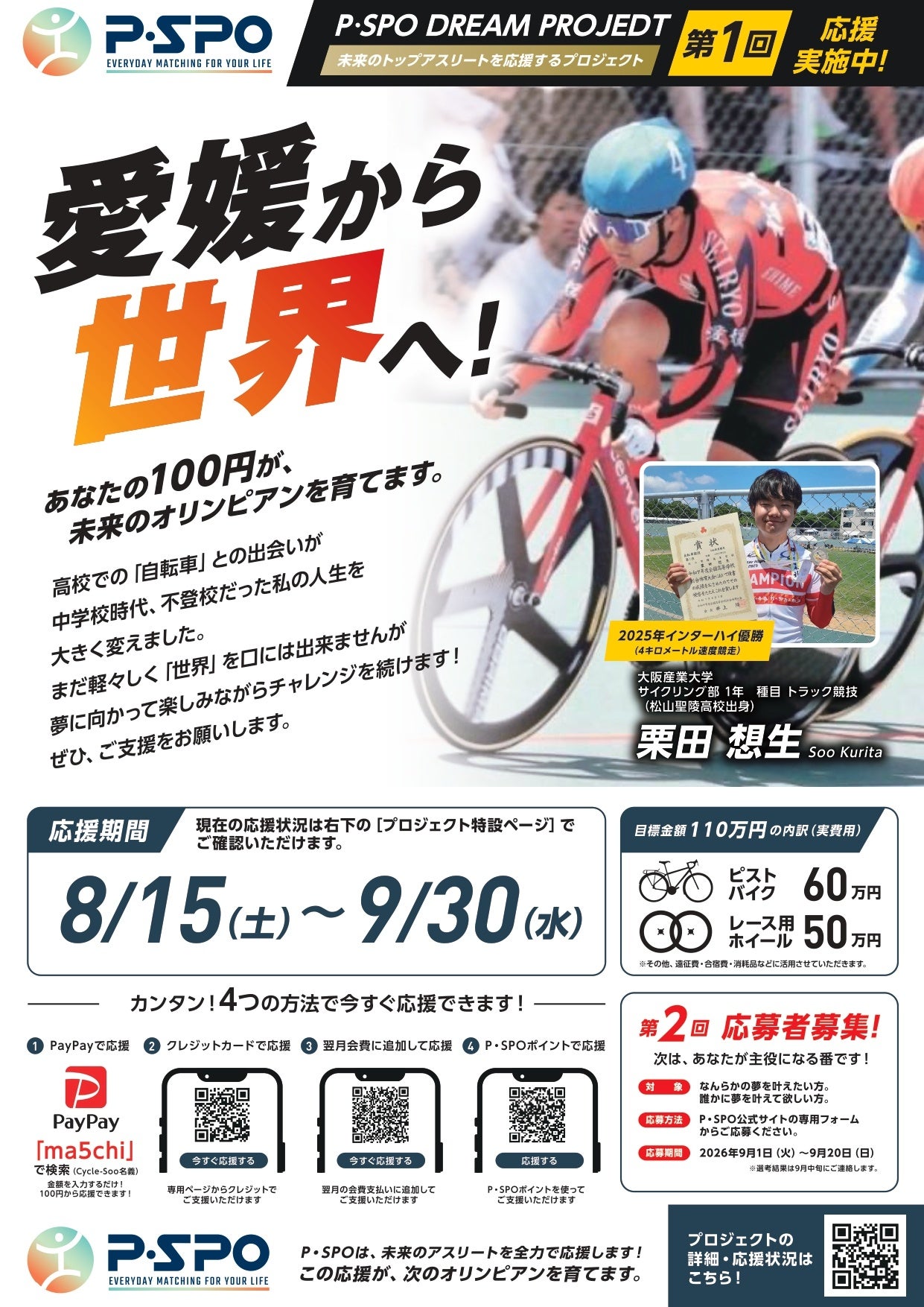 P・SPOが地域応援型「DREAM PROJECT」開始、100円から支援 第1回は自転車・栗田想生選手 P・SPOが地域応援型「DREAM PROJECT」開始、100円から支援 第1回は自転車・栗田想生選手