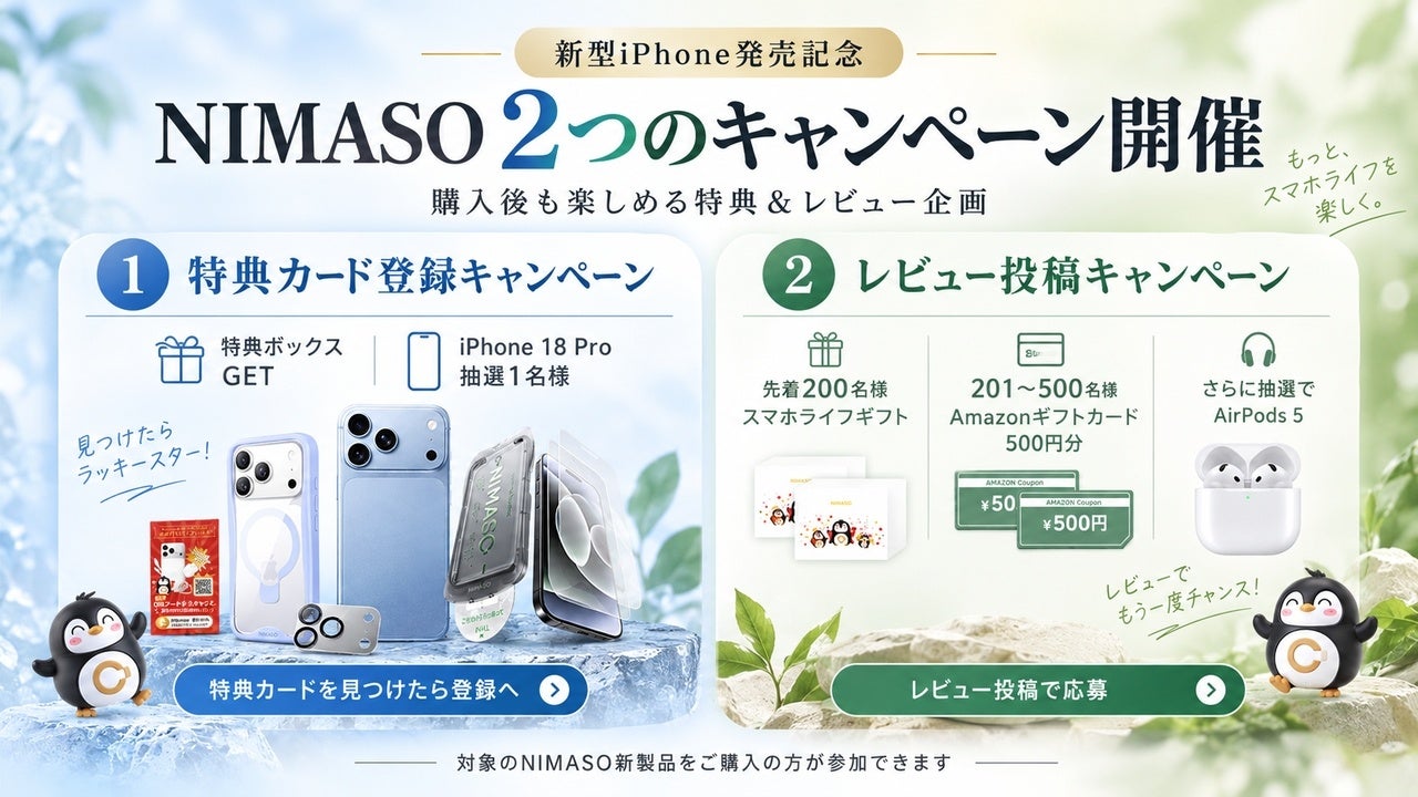 NIMASO、iPhone 18対応アクセ購入者向けに抽選・先着の2キャンペーン　iPhone 18 ProやAirPods 5など