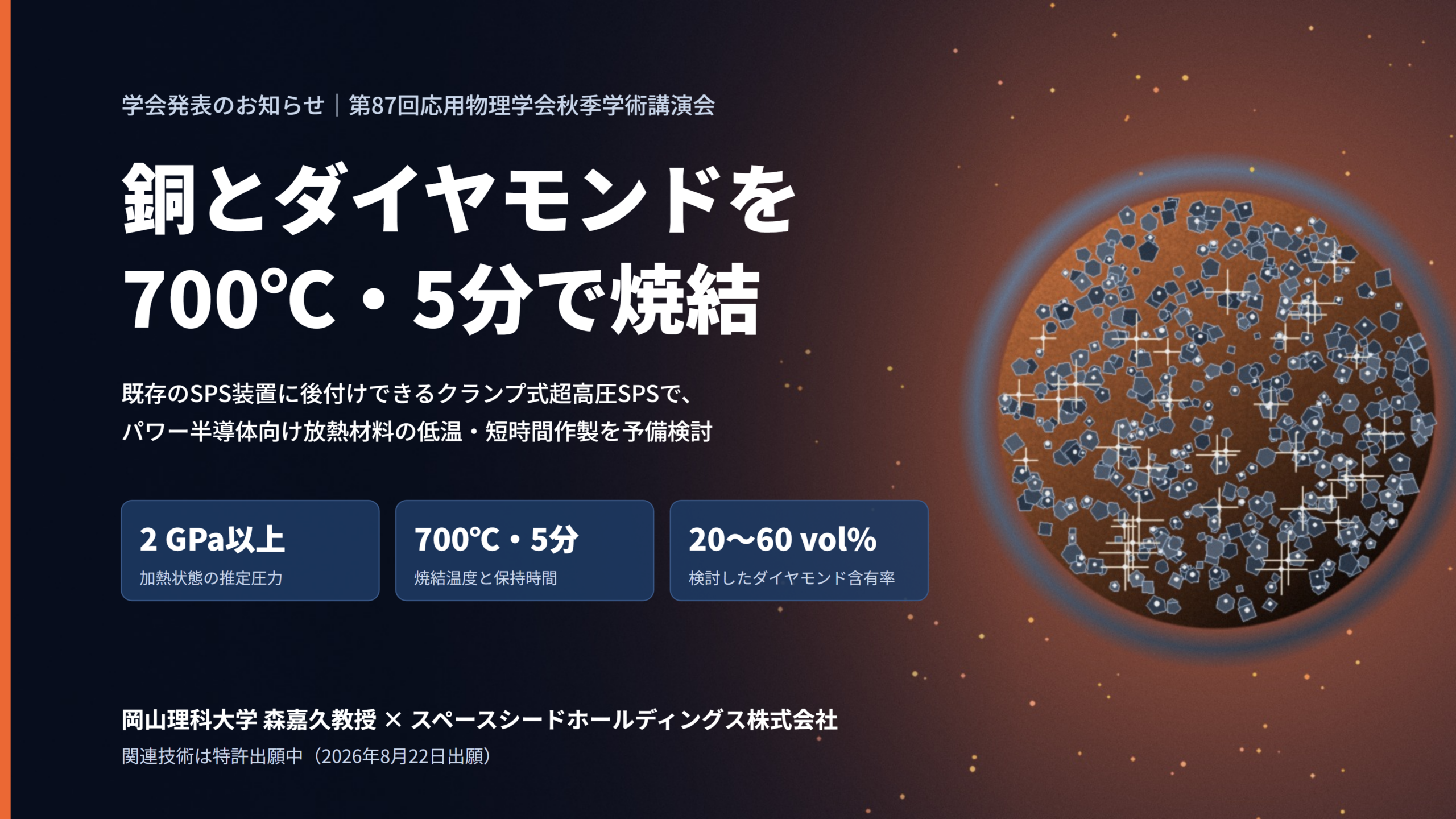 2GPa超の後付けSPSで銅-ダイヤ複合材を700℃5分焼結、20〜40%で形状保持 2GPa超の後付けSPSで銅-ダイヤ複合材を700℃5分焼結、20〜40%で形状保持