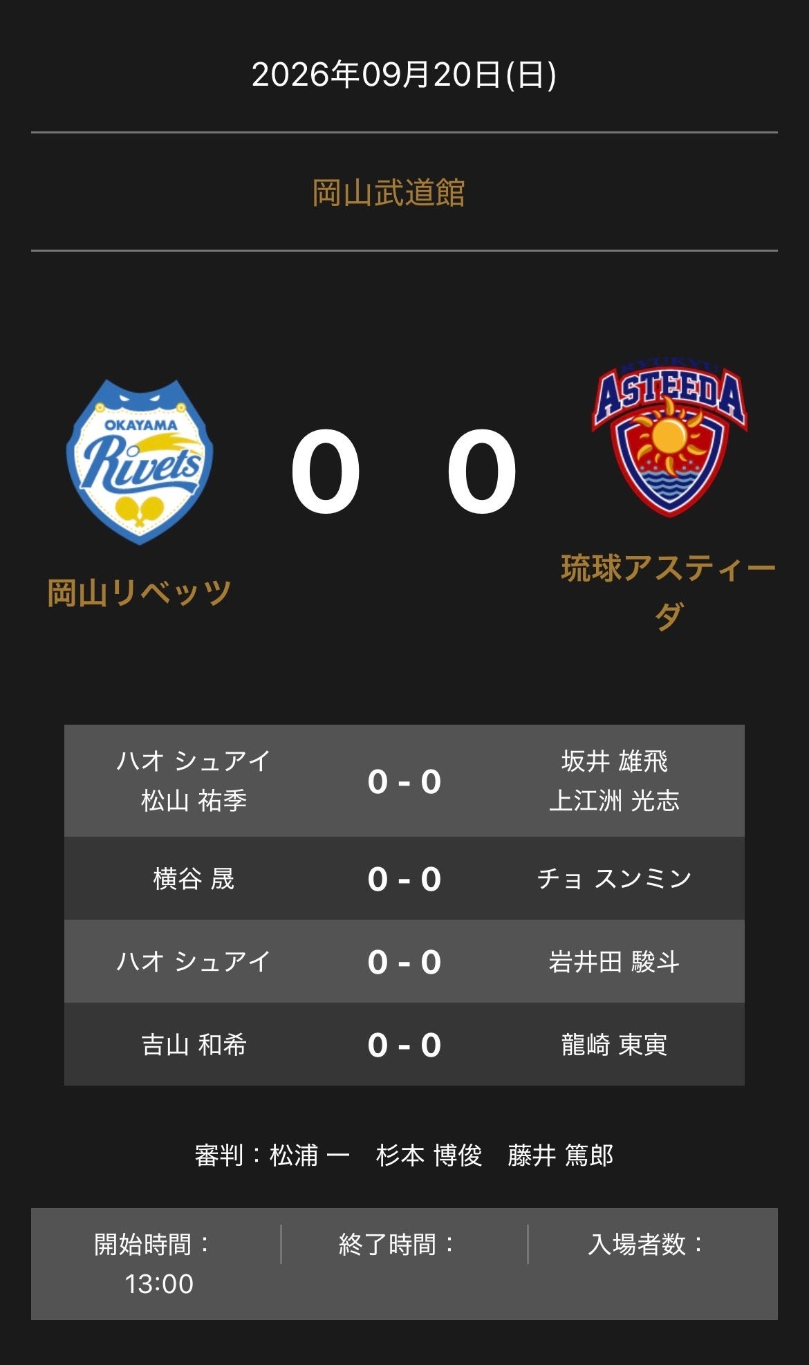 Tリーグ、岡山リベッツ vs 琉球アスティーダの対戦オーダー発表(9月20日公式戦) Tリーグ、岡山リベッツ vs 琉球アスティーダの対戦オーダー発表(9月20日公式戦)