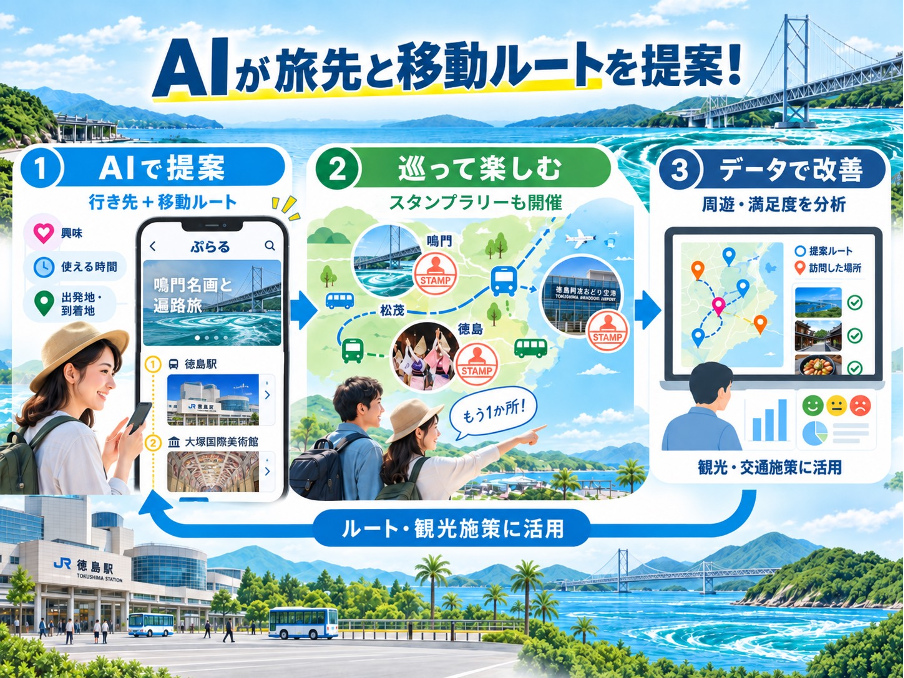 徳島東部15市町村でAI旅行計画アプリ「ぷらる」実証、公共交通時刻表連動の周遊提案とデータ分析 徳島東部15市町村でAI旅行計画アプリ「ぷらる」実証、公共交通時刻表連動の周遊提案とデータ分析