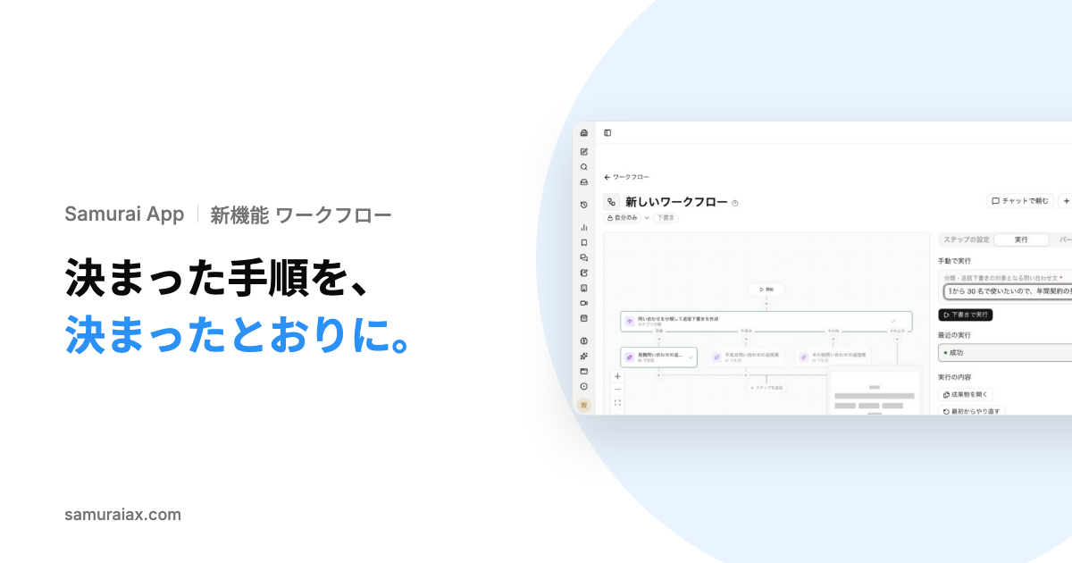 Kiva、SamuraiAXの「Samurai App」でチャット指示から業務ワークフローを自動生成する機能を提供開始 Kiva、SamuraiAXの「Samurai App」でチャット指示から業務ワークフローを自動生成する機能を提供開始