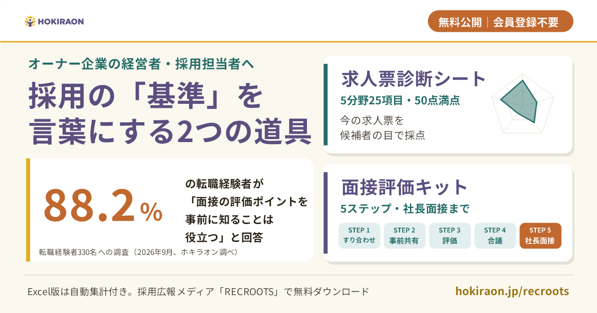 ホキラオン、求人票診断と面接評価の無料ExcelテンプレートをRECROOTSで公開 ホキラオン、求人票診断と面接評価の無料ExcelテンプレートをRECROOTSで公開