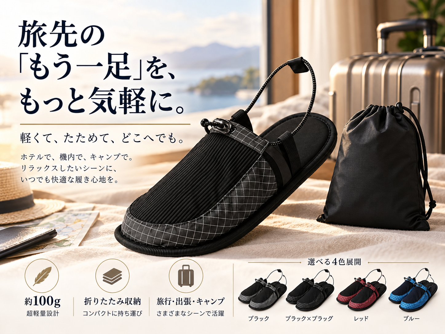 片足約100gで折りたためる携帯スリッパ、Umoriが旅行・出張・キャンプ向けに提案 片足約100gで折りたためる携帯スリッパ、Umoriが旅行・出張・キャンプ向けに提案